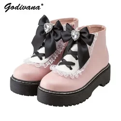 Japanese Mine Style Cute Girlish Lolita Color-Blocking Bow Lace Booties Womens Rhinestone Lace Leather Shoes Autumn Winter Boots