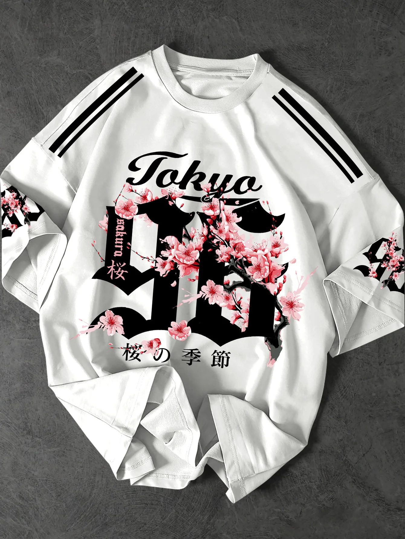 Men's Japanese Streetwear Sakura Print T-Shirt Tokyo Cherry Blossom Graphic Tee Oversized Short Sleeve Tops