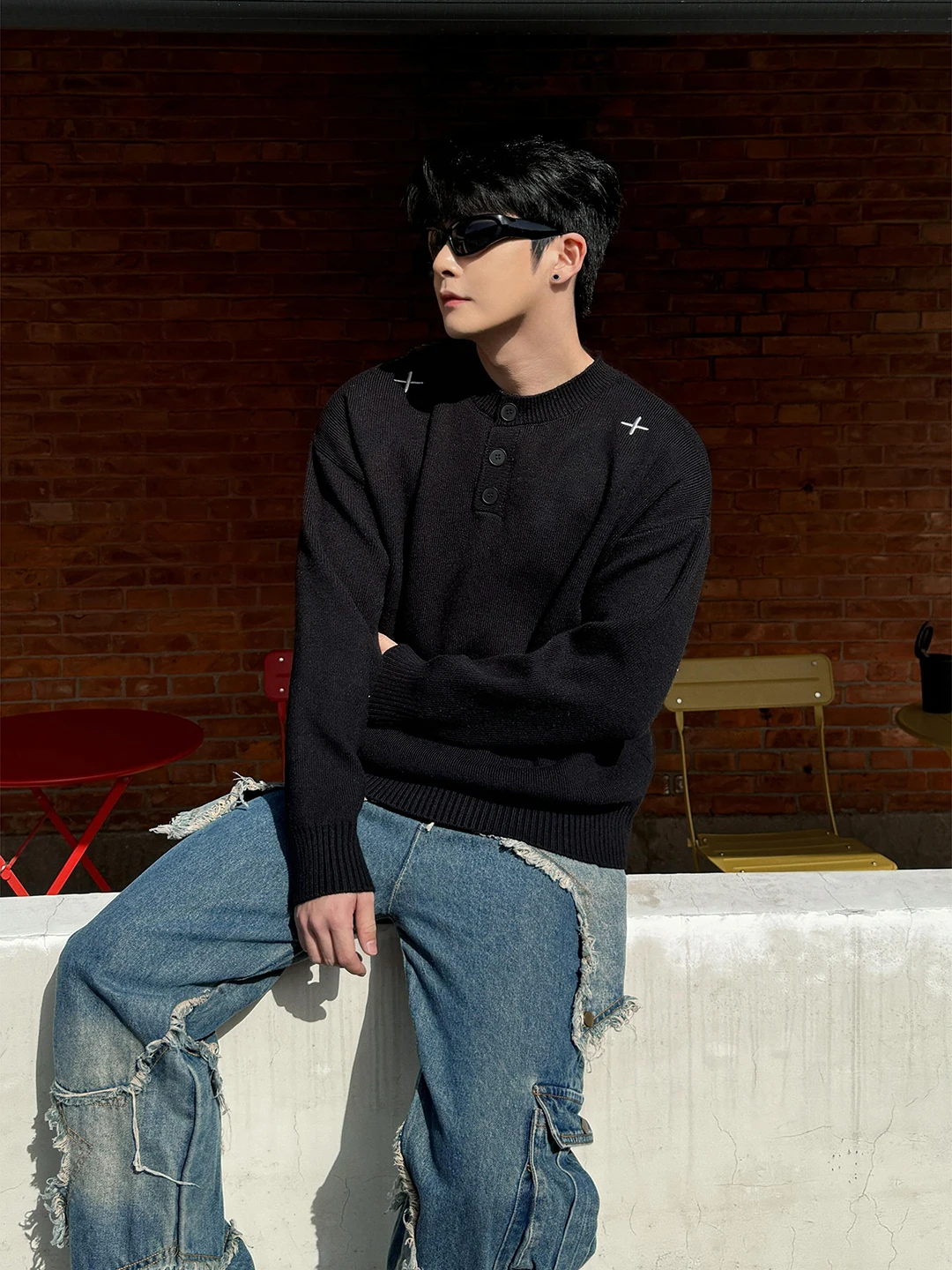 

Мужской вязаный свитер Bla с вышивкой крестом, осенне-зимний, в стиле Lazy Sle, с воротником Хенли, молодежный, свободный крой, мягкий полиэстер