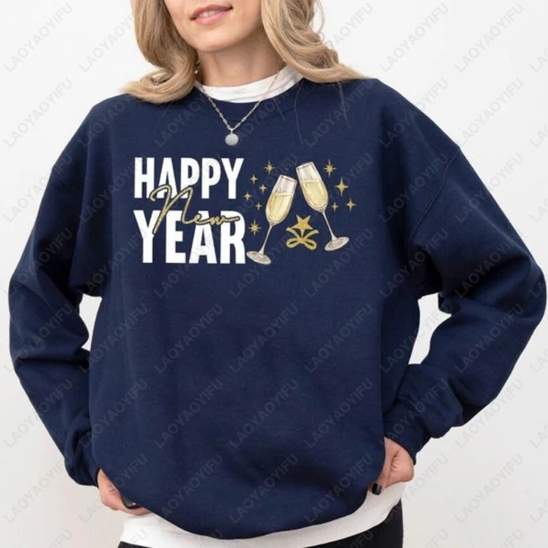 Happy New Year Champagne Toast Graphic Simple Holiday Sweatshirt Festive NYE Party 2026 Casual Adult Winter Crewneck Pullover