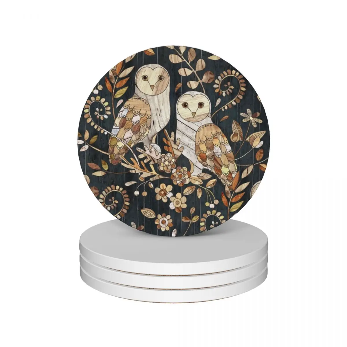 Wooden Wonderland Barn Owl Collage Ceramic Coasters (Set of 4) black teapot mat Coasters