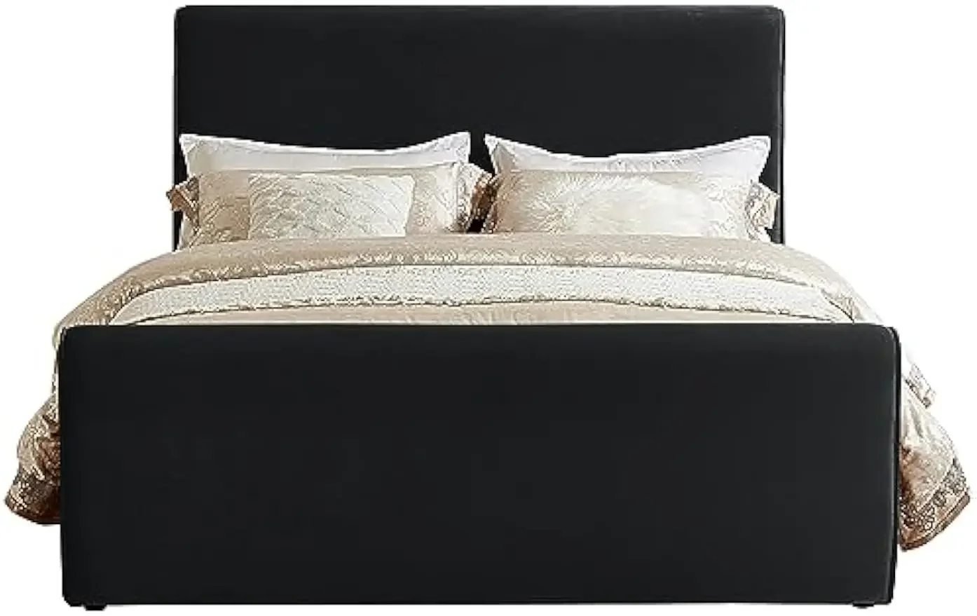 Modern velvet cushioned king size bed, black velvet, curved headboard and footrest, black classic premium