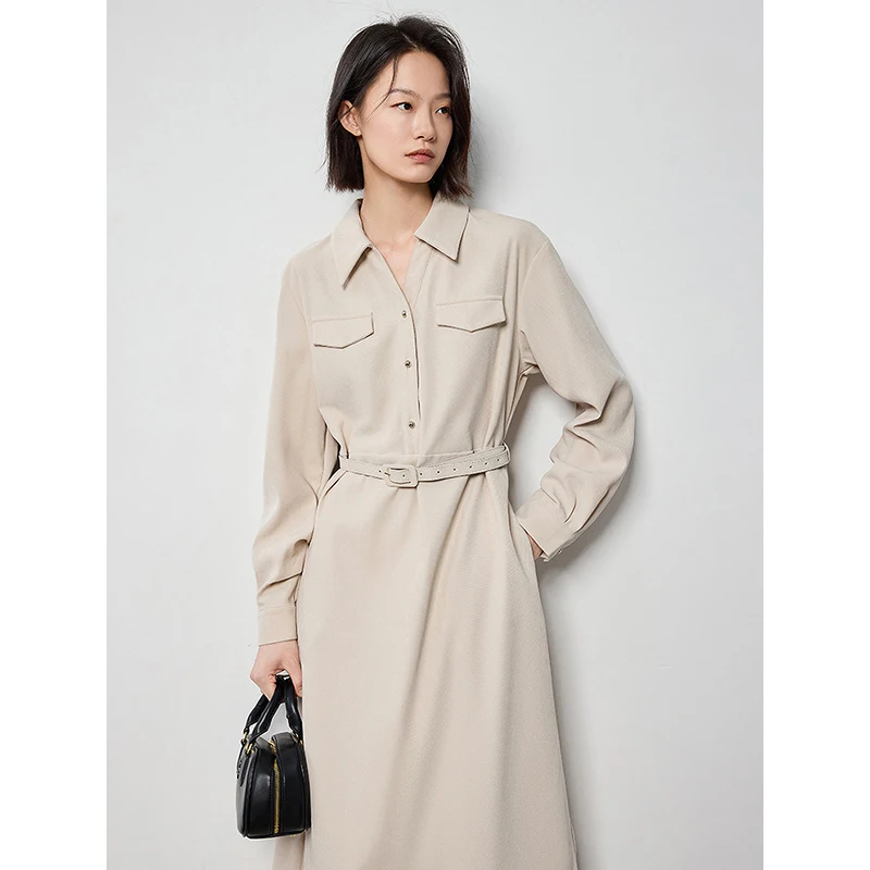 TOYOUTH Women Dress 2024 Autumn New Brushed Long Sleeve Turn Down Collar High Waist Knee Length Office Lady Shirt Dress