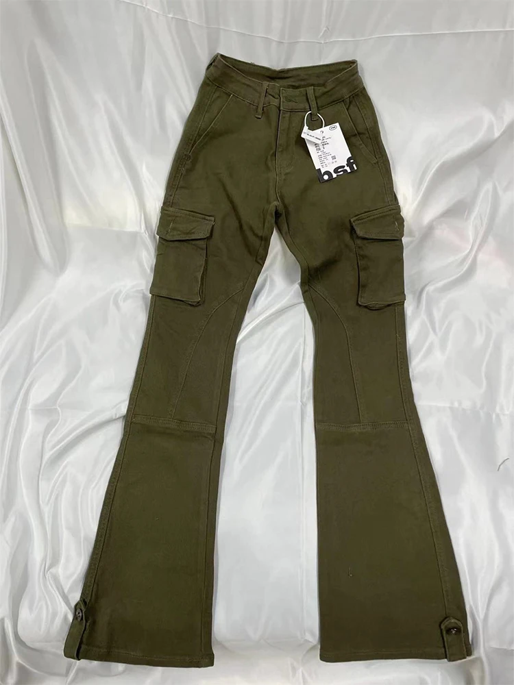 Women's Vintage Army Green Cargo Pants 90s Aesthetic Baggy Denim Trouser Korean 2000s Y2k High Waist Wide Leg Jeans Clothes 2023