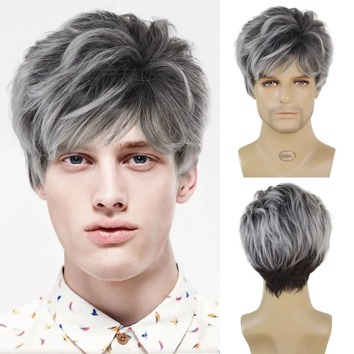 

GNIMEGIL Synthetic Short Wig for Men Black Mix Grey Wig with Bangs Curly Hairstyle Natural Pixie Cut Wig Cosplay Heat Resistant