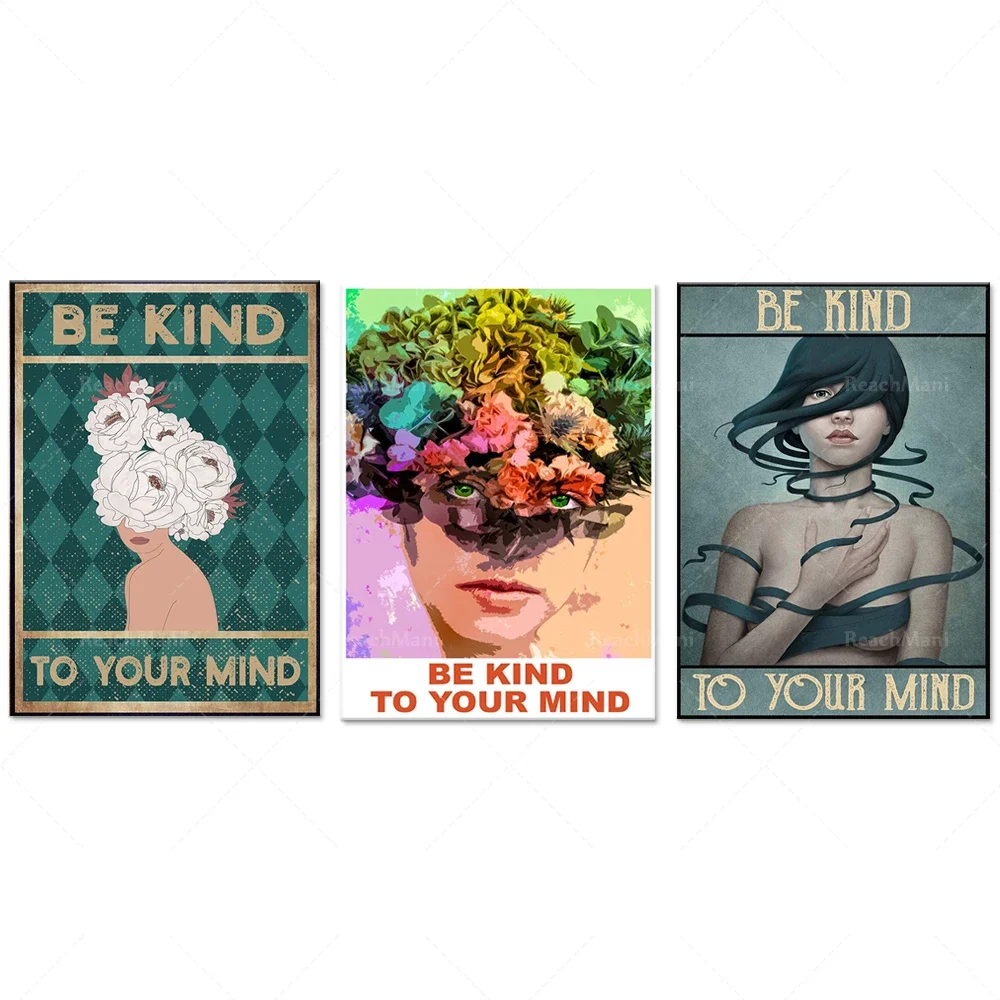 Traitez votre affiche d'esprit, affiche rétro tête de fleur, affiche de sensibilisation à la santé mentale des femmes, affiche de problèmes de santé mentale
