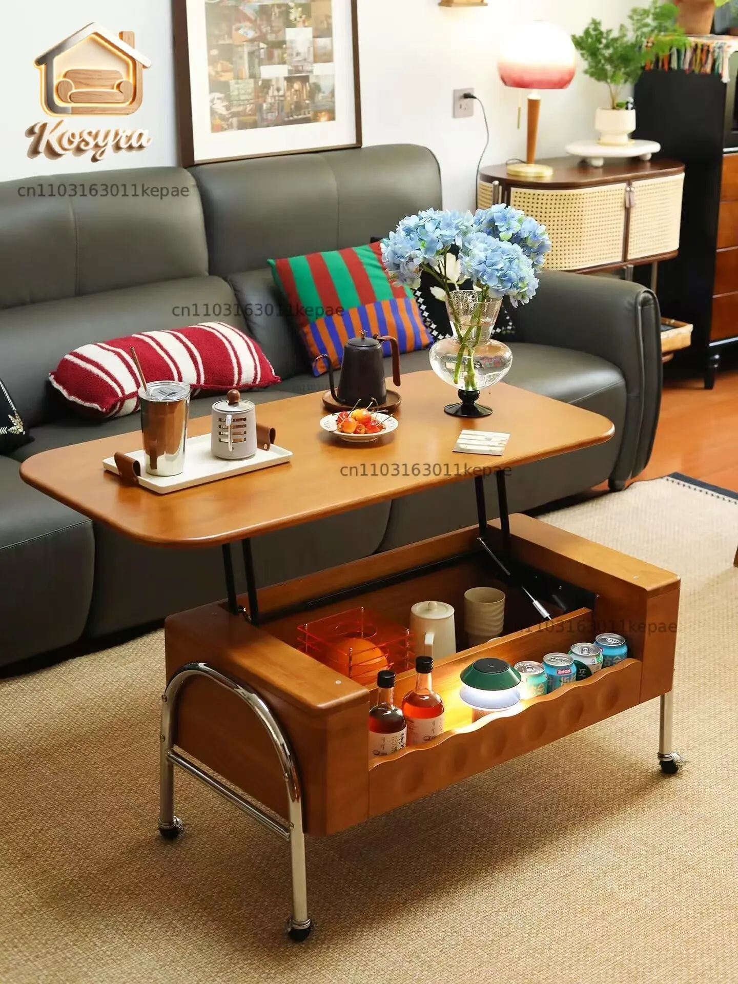 Multifunctional movable lifting Liuchuan coffee table medieval living room household French retro side table dining solid wood