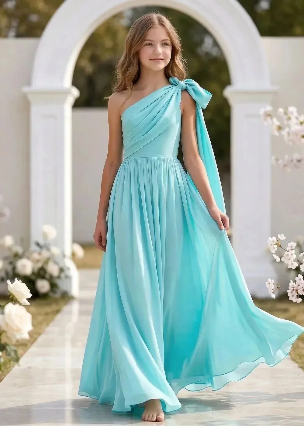 Boho One Shoulder Chiffon Flower Girl Dress, Long Flowy A-Line Gown, Girls Wedding Party Birthday Dinner Outfit, Customizable