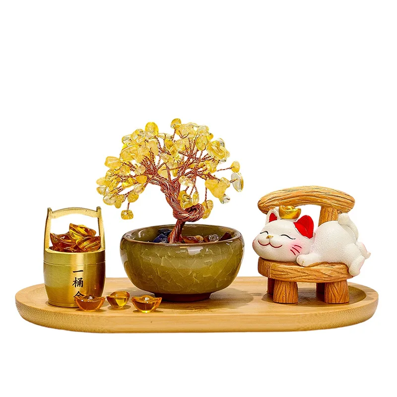 Win in a breeze lucky cat home furnishings, natural citrine tree opening gifts, desktop decorations