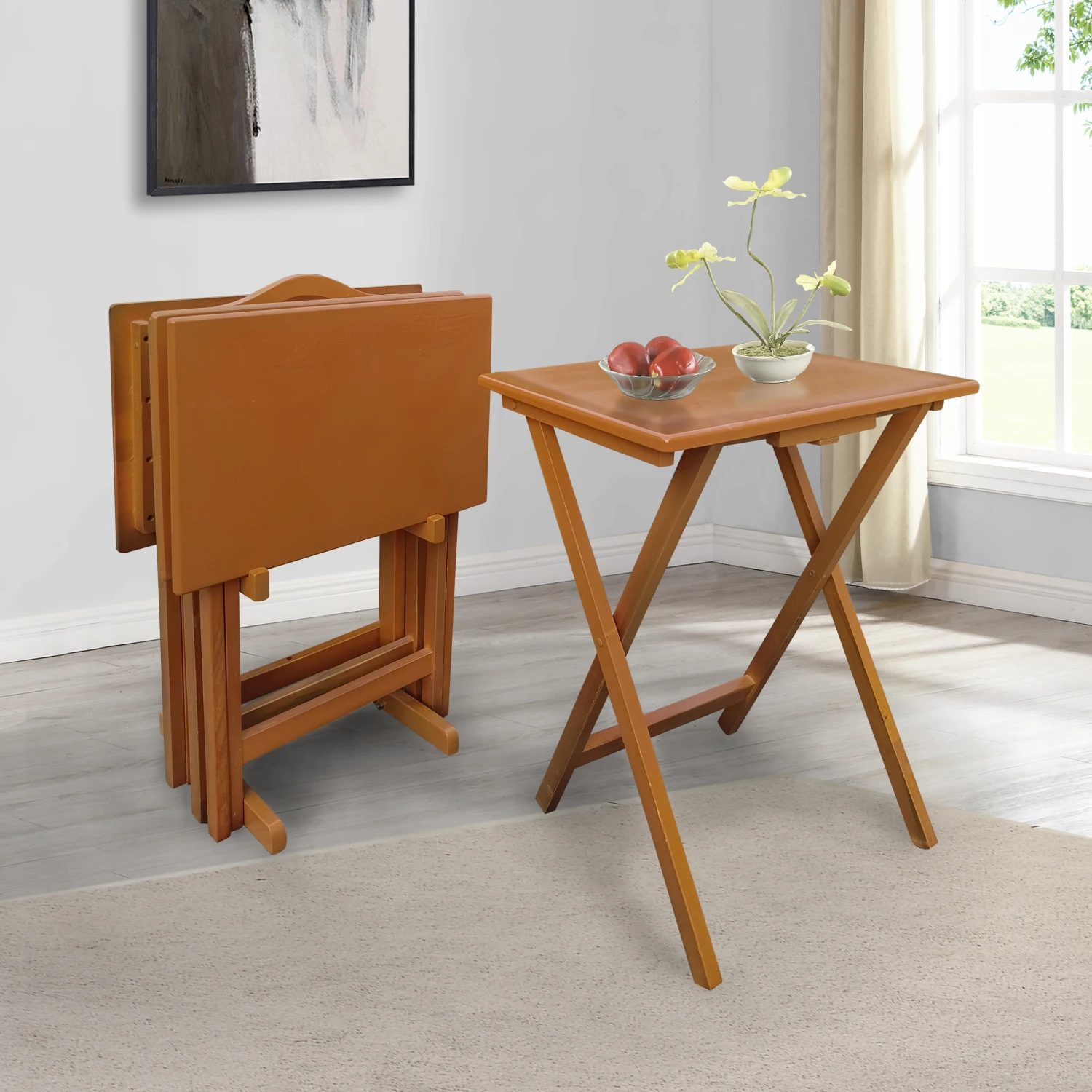 

Folding Trays with Storage Rack,Snack Table - Set of 4, Chestnut