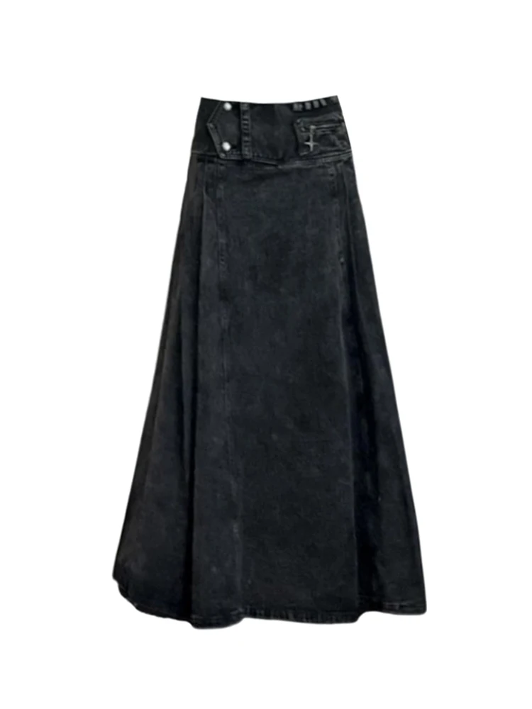 Women\'s A-line Denim Pleated Skirt Vintage 90s Aesthetic Y2k Long Jean Skirt Harajuku Korean Cowboy Skirts 2000s Clothes Summer