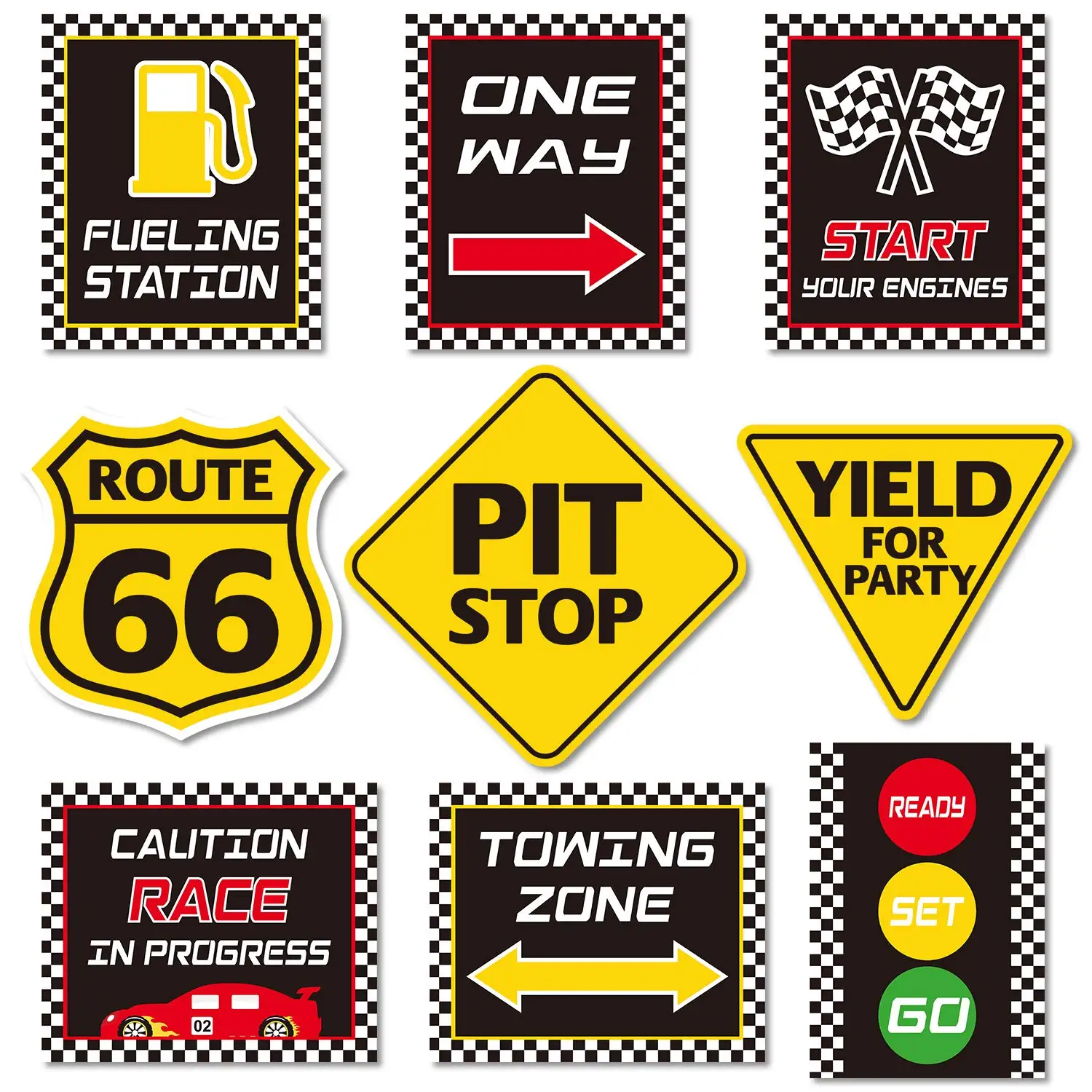 

Race Car Party Signs Cutouts Let's Go Racing Birthday Party Decorations for Kids Race Fans Checkered Flags