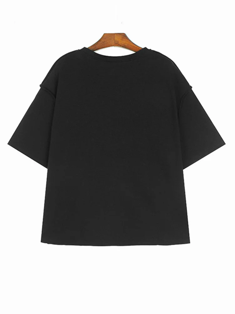 Women Black Patch Color-block Big Size T-shirt New Round Neck Short Sleeve Loose Fashion Tide Spring Summer O227