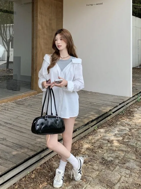 plus Size Casual Long Sve irt Women's Faionable Loose Top Autumn New Sle Commute Korean Loose Fit Button Detail