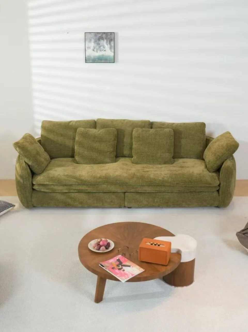 Modern light luxury seat sofa, cream tone, green cloud embellishment