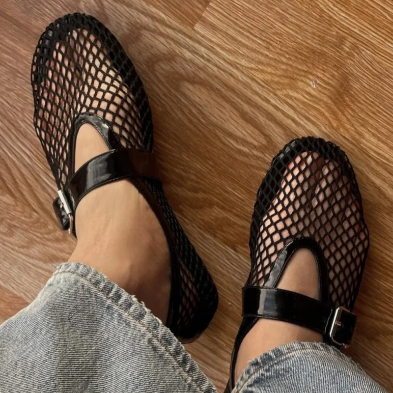 Slip On Ballet Flats Sandals Mesh Buckle Mules Fishnet Ballerina Shoes Women Black Red White Leather Sandalias Mujer Verano