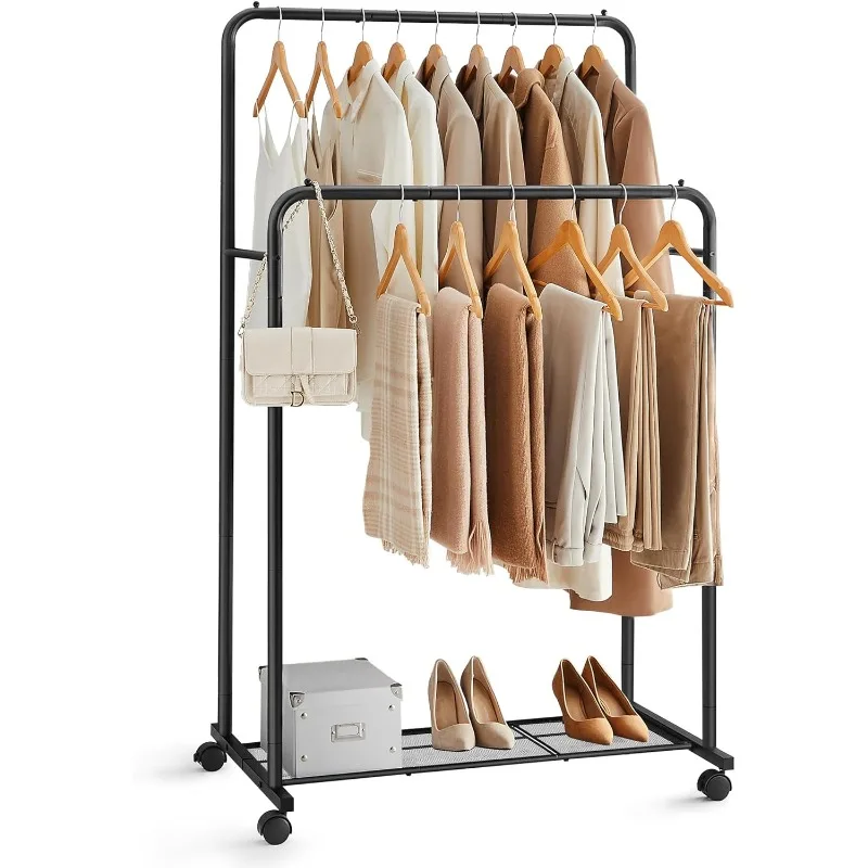 Double-Rod Clothes Rack with Wheels, Metal Clothing Rack for Hanging Clothes, Each Rod Holds Up To 66 Lb