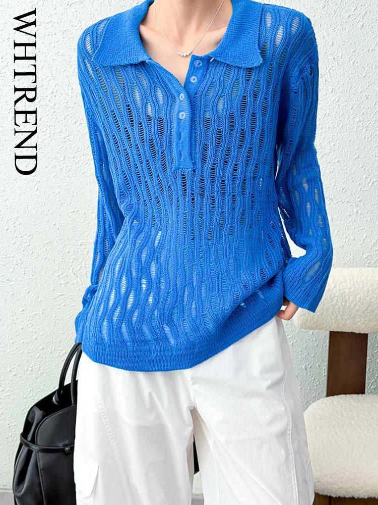 

WHTREND Early Autumn New Hollow Out Knitted Sweater Lapel Long Sleeves Women Loose Pullover Top WH1357