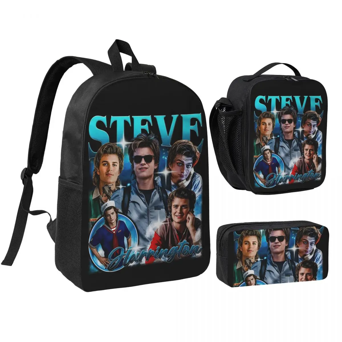 3pecs/set Steve Harrington Bootleg Retro 80s Fan Art Backpack for Student High-capacity Daypack Lunch bag Pencil Case