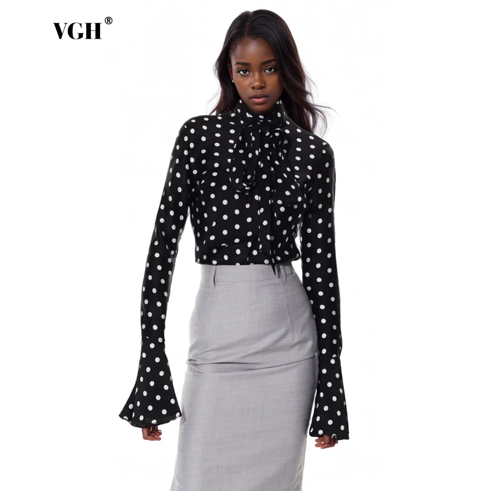 

VGH Hit Color Slimming Chic Dot Shirts For Women Scarf Collar Flare Sleeve Patchwork Lace Up Temperament Blouses Female Fashion