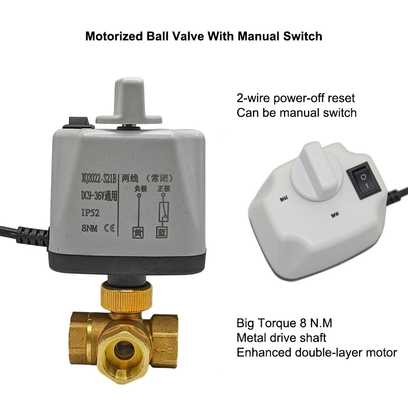 Imagem -03 - Válvula de Esfera Motorizada de Três Vias com Interruptor Manual Rosca Fêmea de Latão tipo l Elétrica de Fios 1224v dc