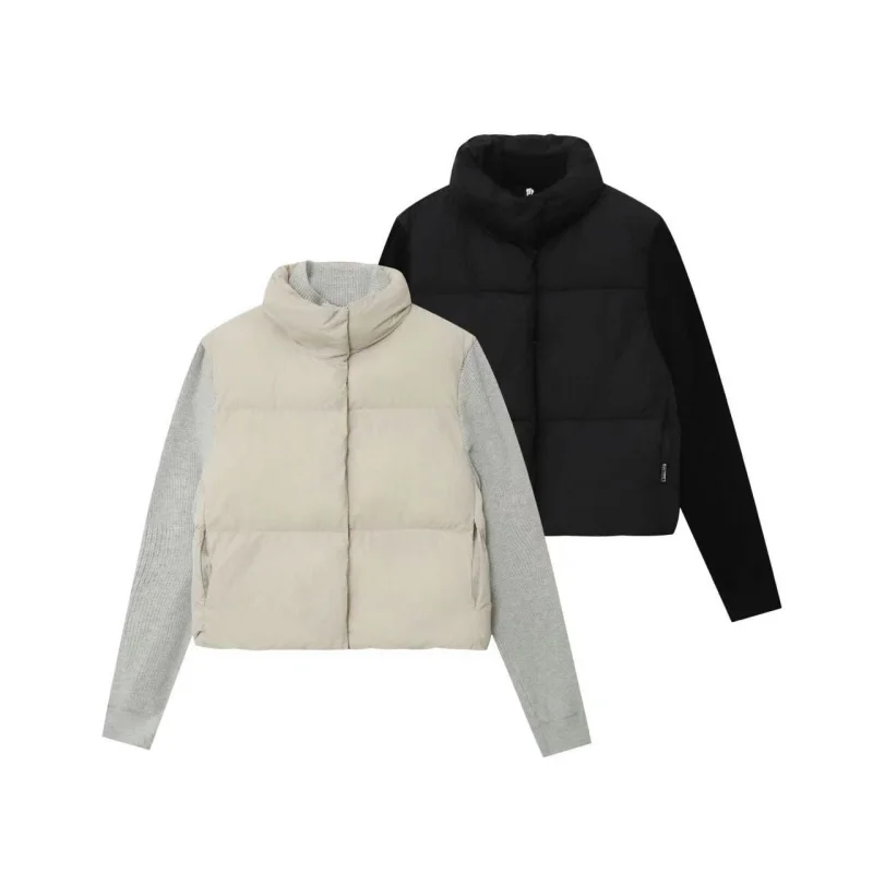 ETJ 2025 new product women's fashionable knitted patchwork stand-up collar long-sleeved cotton jacket warm jacket coat