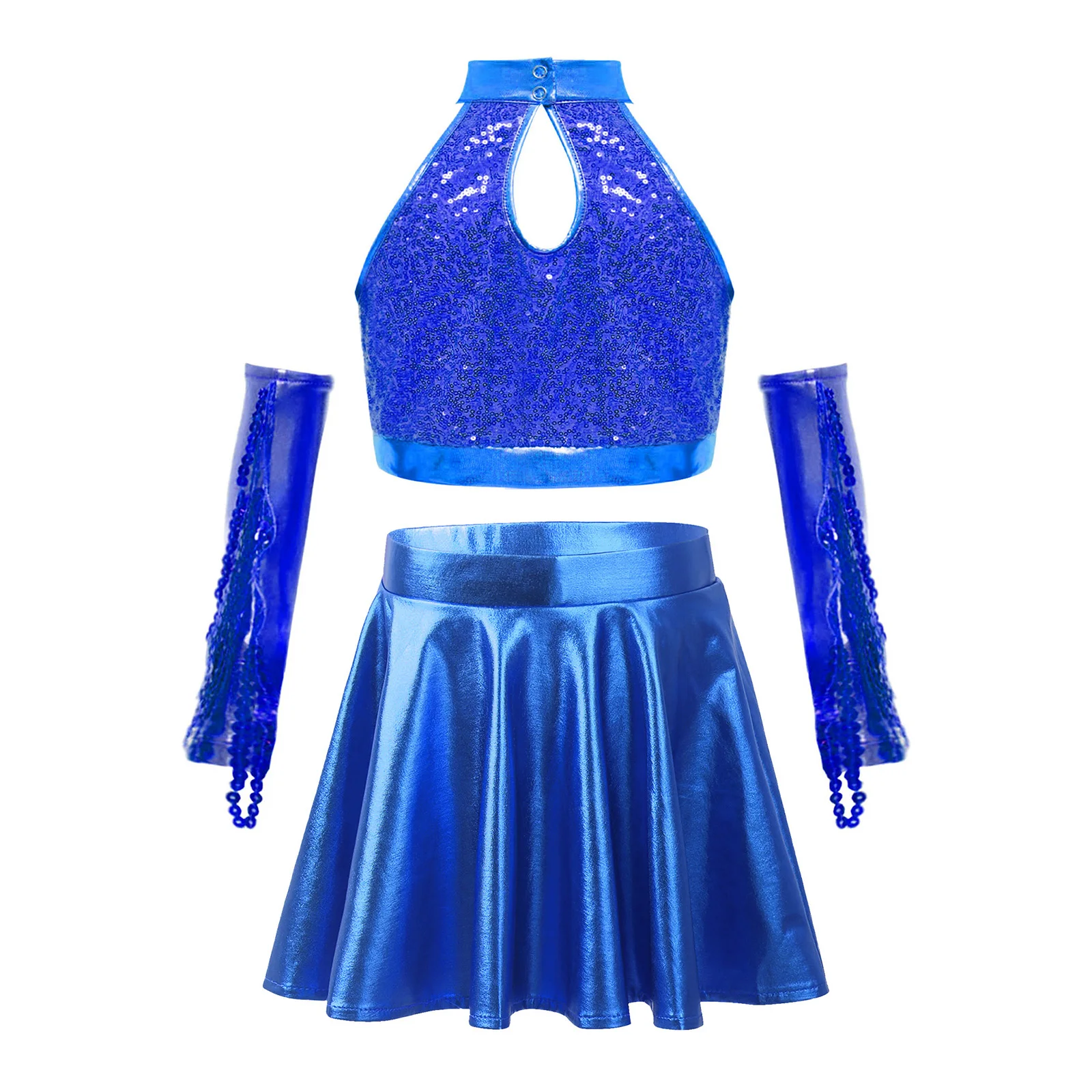 Kids Girls Jazz Dance Performance Outfit Sleeveless Keyhole Back Sparkly Sequins Crop Top with Metallic Flared Skirt and Gloves