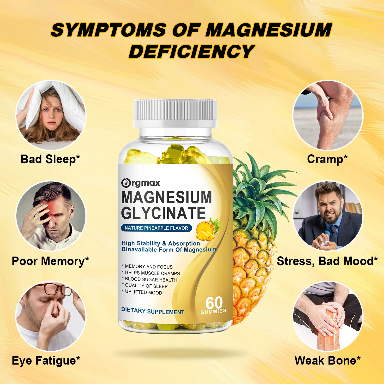 Orgmax Magnesium Glycinate Gummies Pineapple Flavour with Minerals&vitamin High Stabiiity Sleep Quality Muscle Bone Health