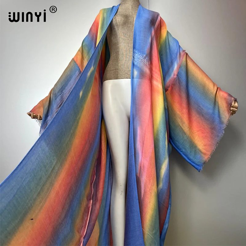WINYI Bohemian Kimono Tie-Dye Streifendruck Damen Mantel Langer Mantel Strand Urlaub Schwimmen Cover Up Partykleider Luxus Dubai Abaya