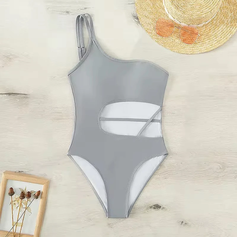 

Sexy Hollow String Bikini One Shoulder Grey Swimsuit Y2K Vacation Swimwears Women Push Up Bathing Suit Beach Outfit Bikinis Sets
