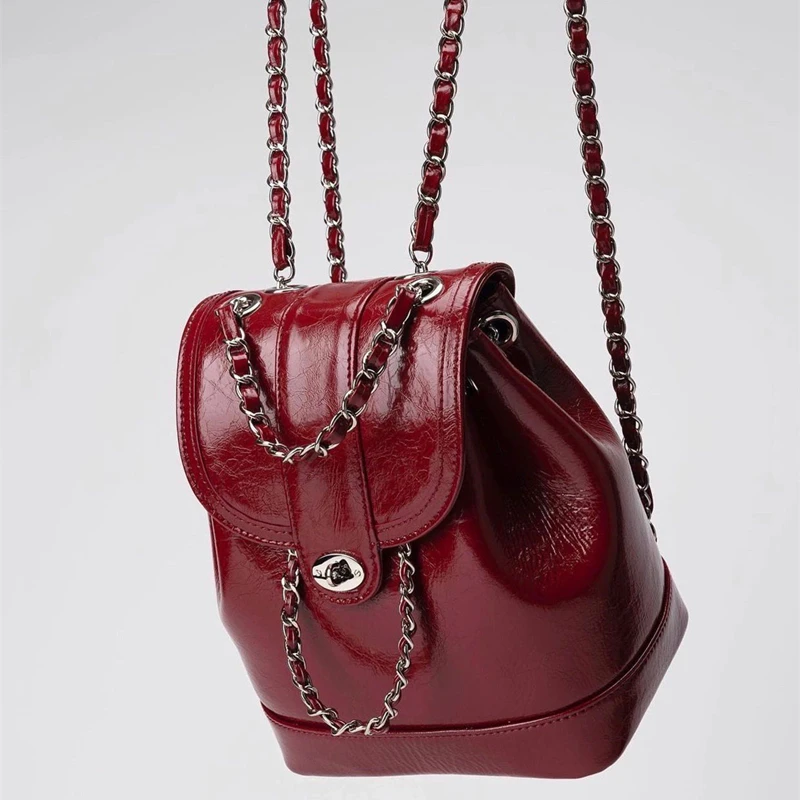 

Bordeaux red niche leather black and white colourful backpack C red small aroma chain women's bag pink retro bucket bag