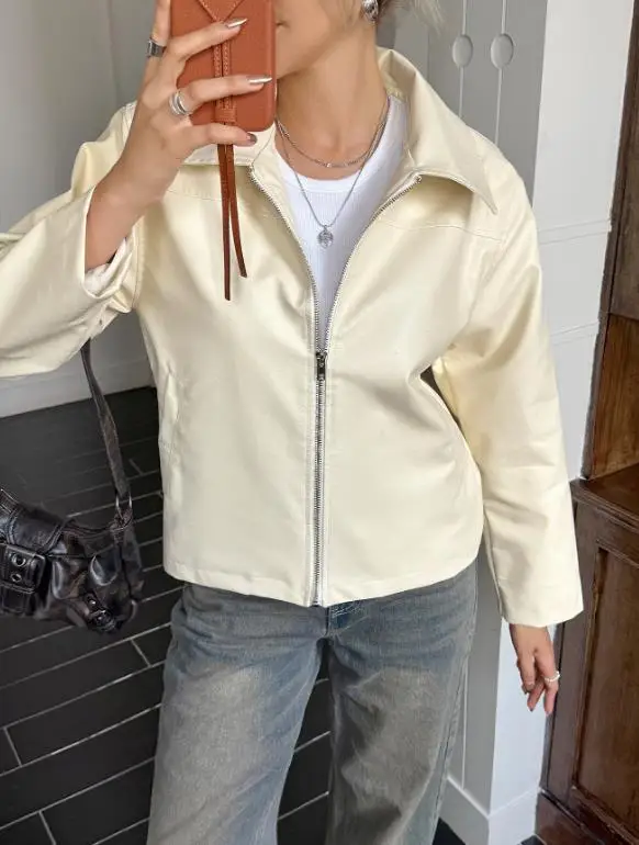 2025 Autumn/Winter New Women's Fashion Casual Retro Long Sleeve Leather Jacket Women's Wear