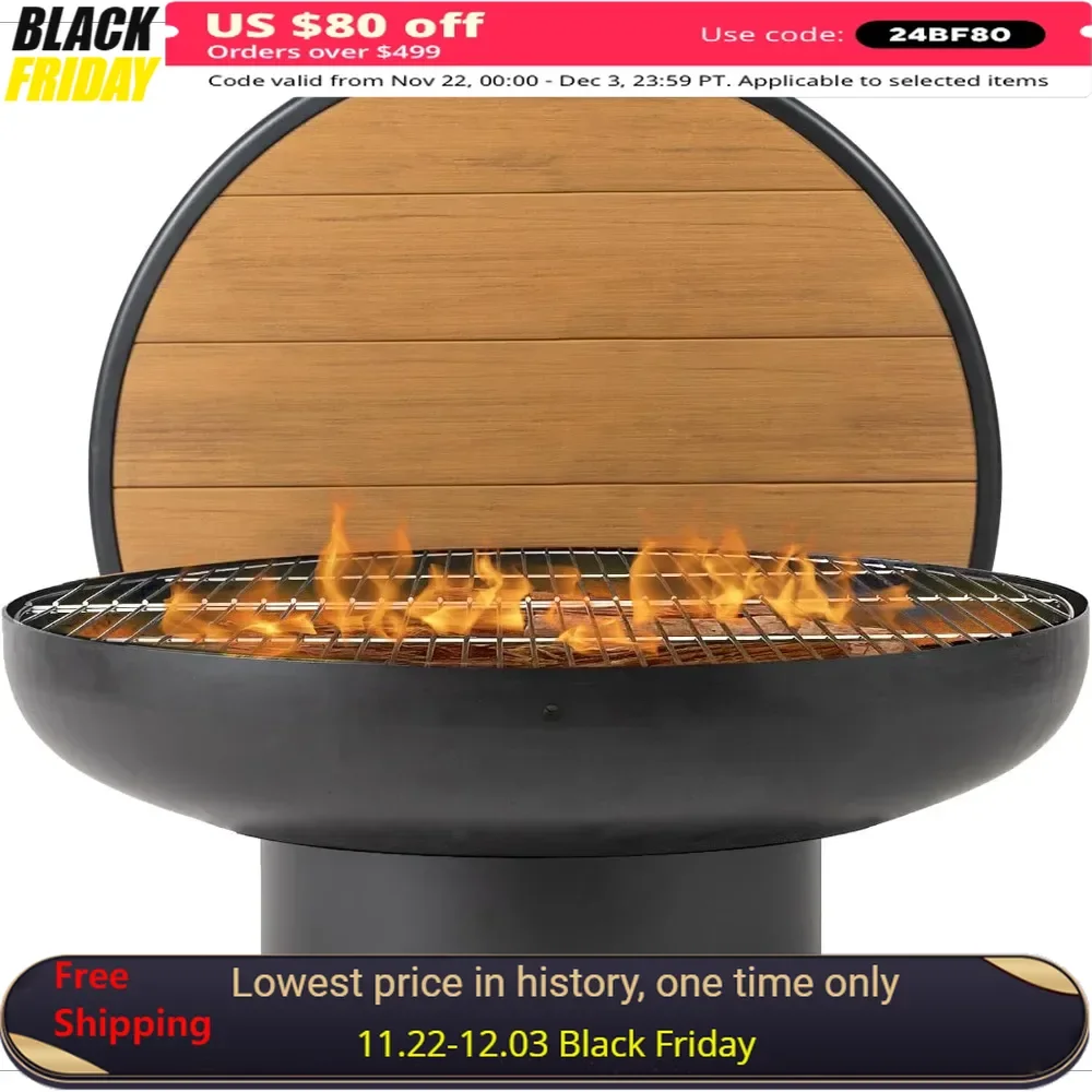 32 Inch Fire Pit Table with Fires Pit Grill, Large BBQ Pits, Extra Thick, Heavy Duty, Cast Iron Round Fire Pit Table