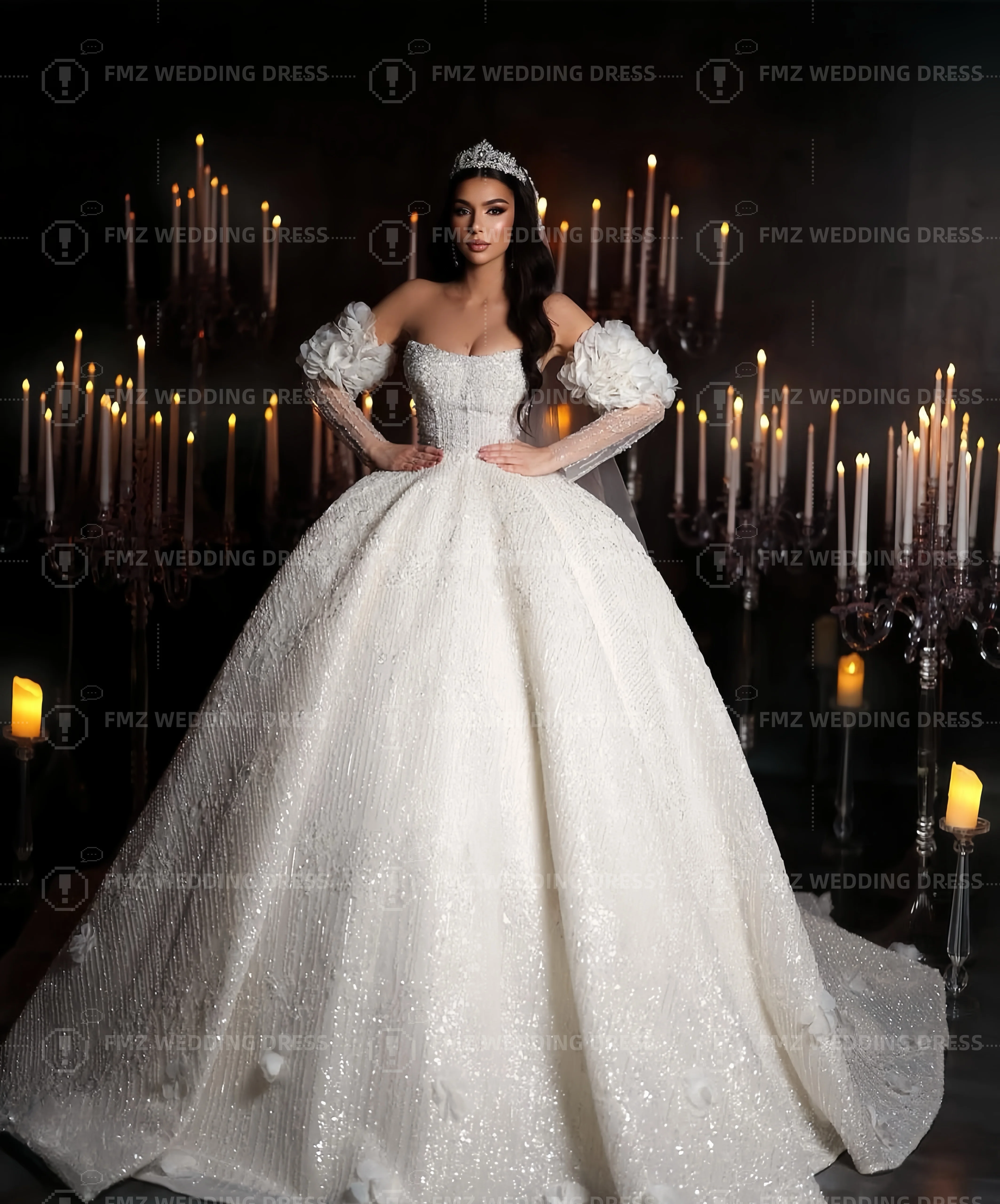 Maßgeschneidertes trägerloses, langärmliges, perlenbesetztes, prächtiges Hochzeitskleid, Vestidos de Novia, Amanda Novias, Amanda Novias, offiziell