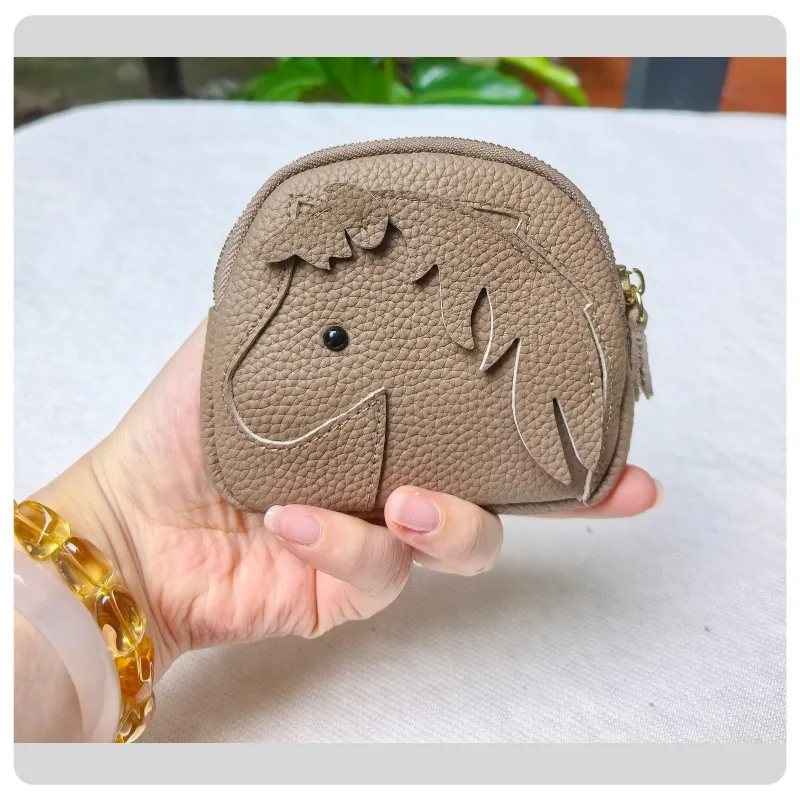 Leather Horse-Shaped Clutch Coin Purse  Cute Cowhide Multi-Functional Storage Makeup Bag Lipstick Holder Fashionable Accessory