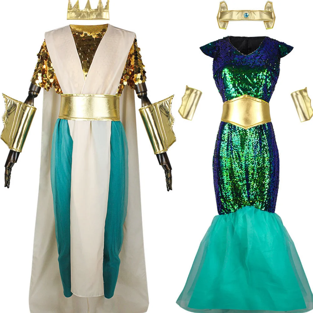 Neptune Sea Siren mermaid queen costume Sexy couple men Poseidon costumes Fantasia Halloween Purim carnival Mardi Gras dress up