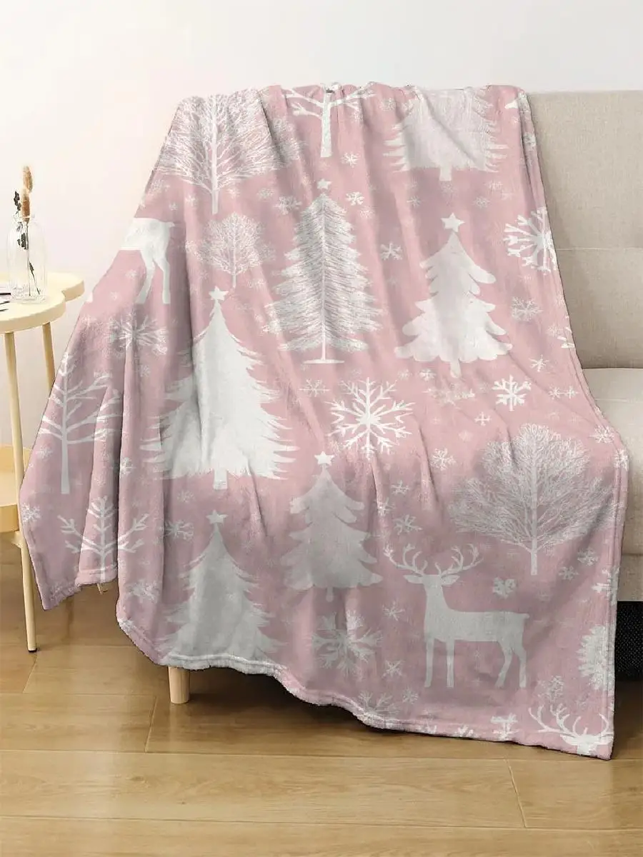 Blush Pink Christmas Tree  Deer Throw Blanket Cozy Winter Snowflake Flannel Blanket for Couch Bed Decor