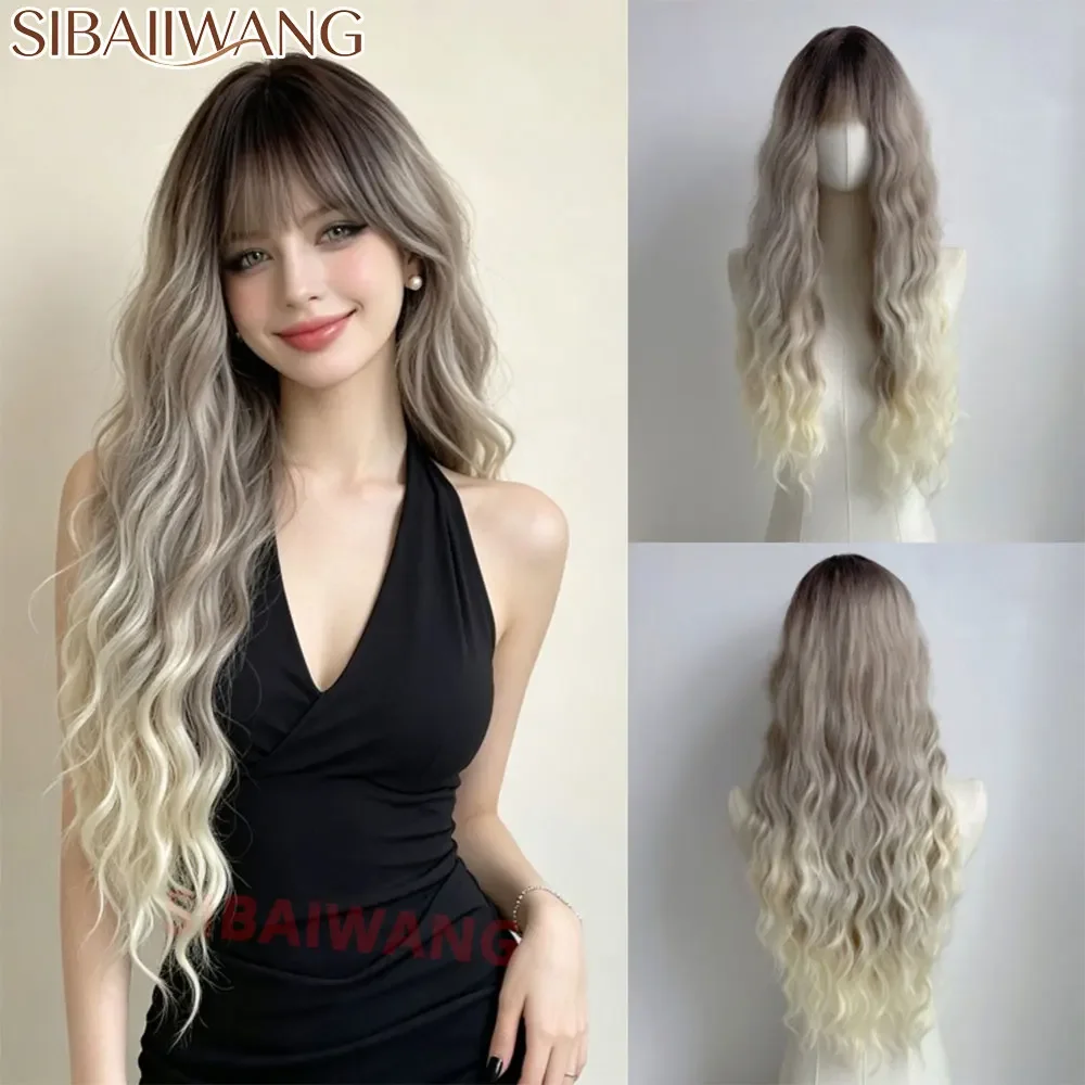 Long Curly Synthetic Wigs with Bangs Brown Blonde Ombre Natural Wig for Women Hair Heat Resistant Cosplay Wig Party Daily Use