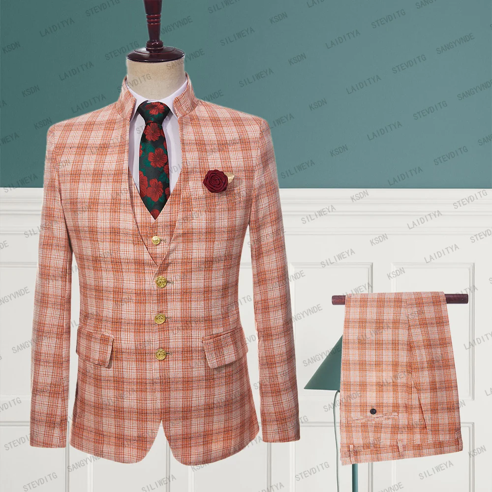 

2023 New Fashion Stand Collar Men Business Linen Suits Tangerine Striped Grid High Quality Slim Fit 2 Pcs Set Jacket Pants