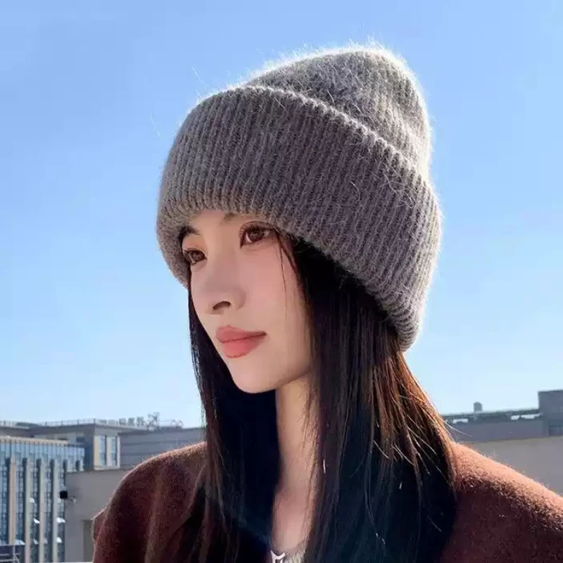 Winter Thickened Knitted Rabbit Fur Hat for Women Windproof Warm Beanie Fashion Casual Stocking Cap