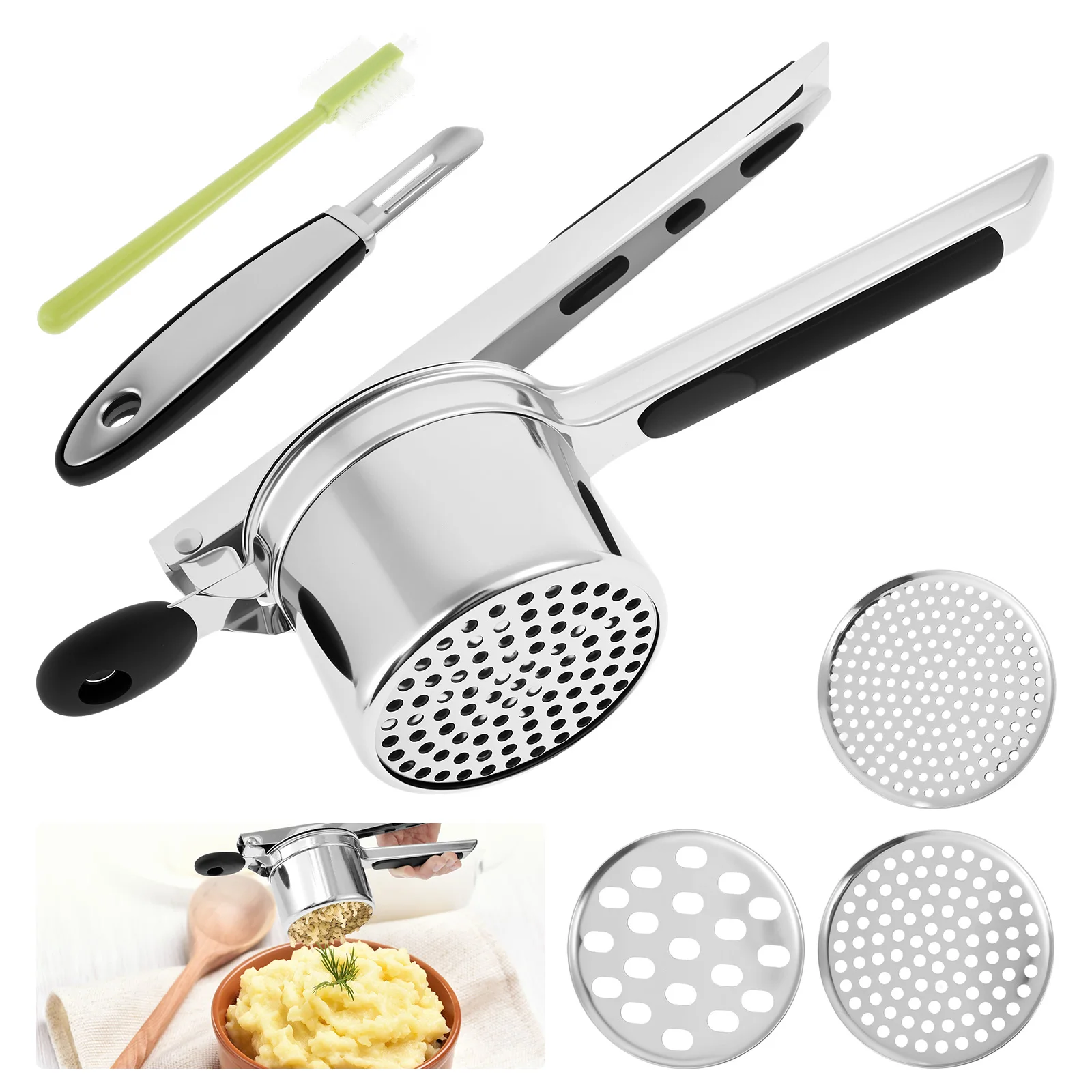 

1Set Potato Ricer with 3 Interchangeable Discs Manual Mash Potato Masher Stainless Steel Kitchen Tool Spaetzle Maker Press