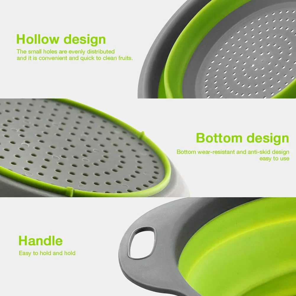 Silicone Round Folding Vegetable Fruits Washing Drain Basket Collapsible Colander Strainer Basket Kitchen Gadgets