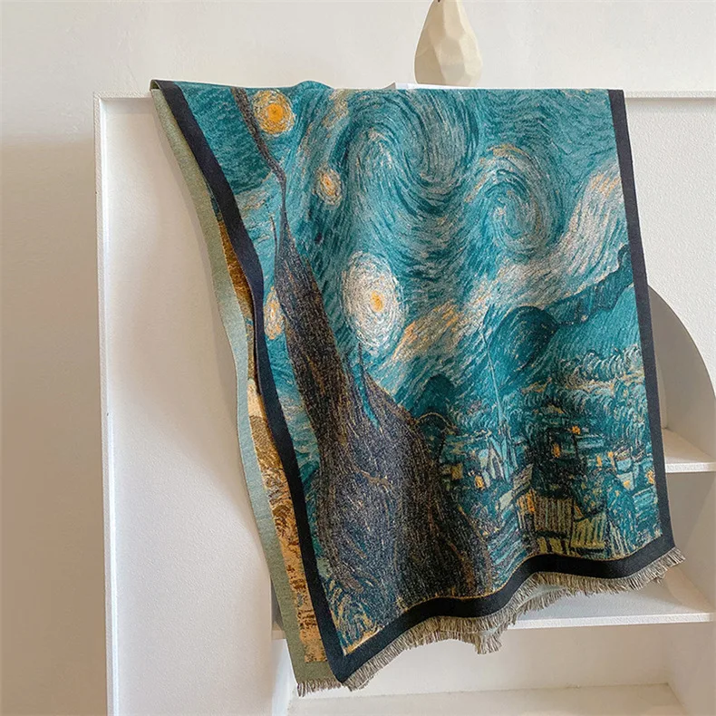 

oversized thermal shawl female Van Gogh oil painting style thickened large cape air conditioner shawl scarf