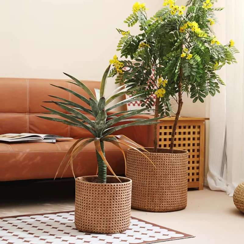 Large American Country Magnesium Mud Bamboo Flower Pot Woven Basket for Balcony Living Room Outdoor Garden Decor