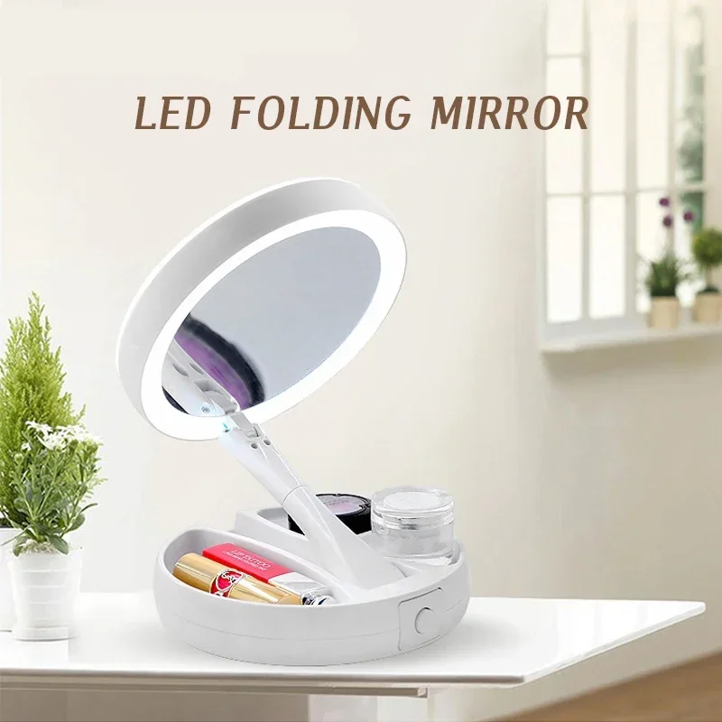 

Vanity Mirror Foldable LED Light White Mirror Makeup 360°Rotation Detachable/Storage Base 3 Modes Mirror with USB Charger