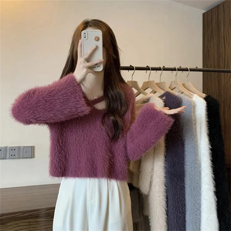 Soft Imitation Mink Fur Sweater Women\'s Knitted Sweater for Autumn Winter 2024 New Design Sense Loose and Short Style Pullovers