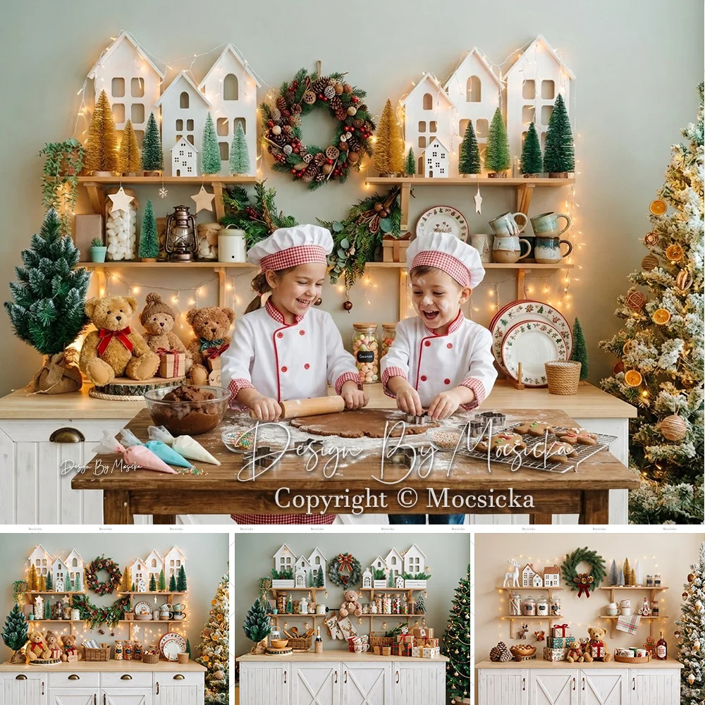 Mocsicka Backdrop Photography Christmas Kids Baking Cookie Gingerbread Kitchen Garland Wreath Holiday Background Studio Photo