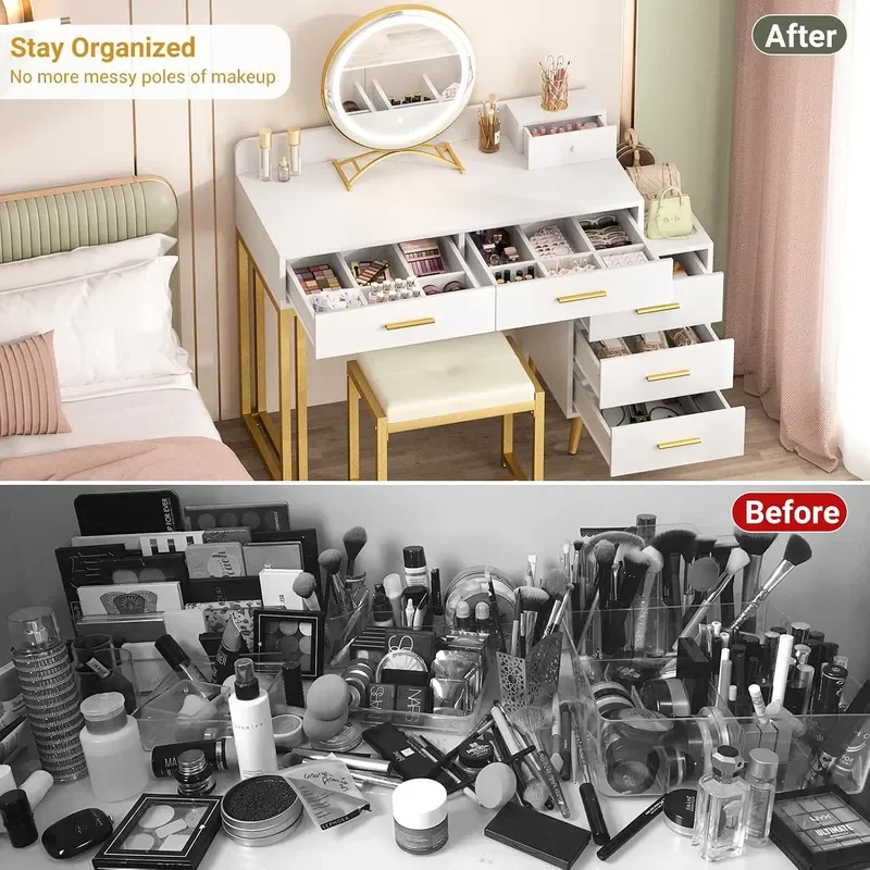White Vanity Desk with Mirror and Lights Modern Makeup Vanity Table Set with 6 Storage Drawers and Cushioned Stool for