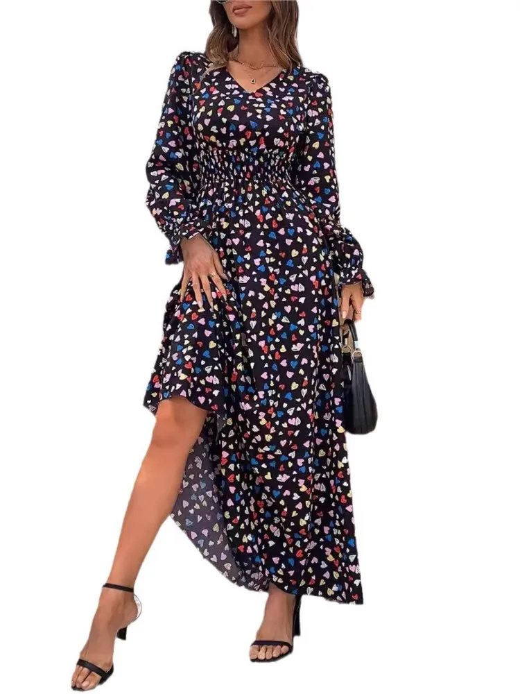 Vestido largo con estampado Floral para mujer, prenda de manga larga con cintura ajustada, holgada, plisada, con volantes y cuello en V, para otoño