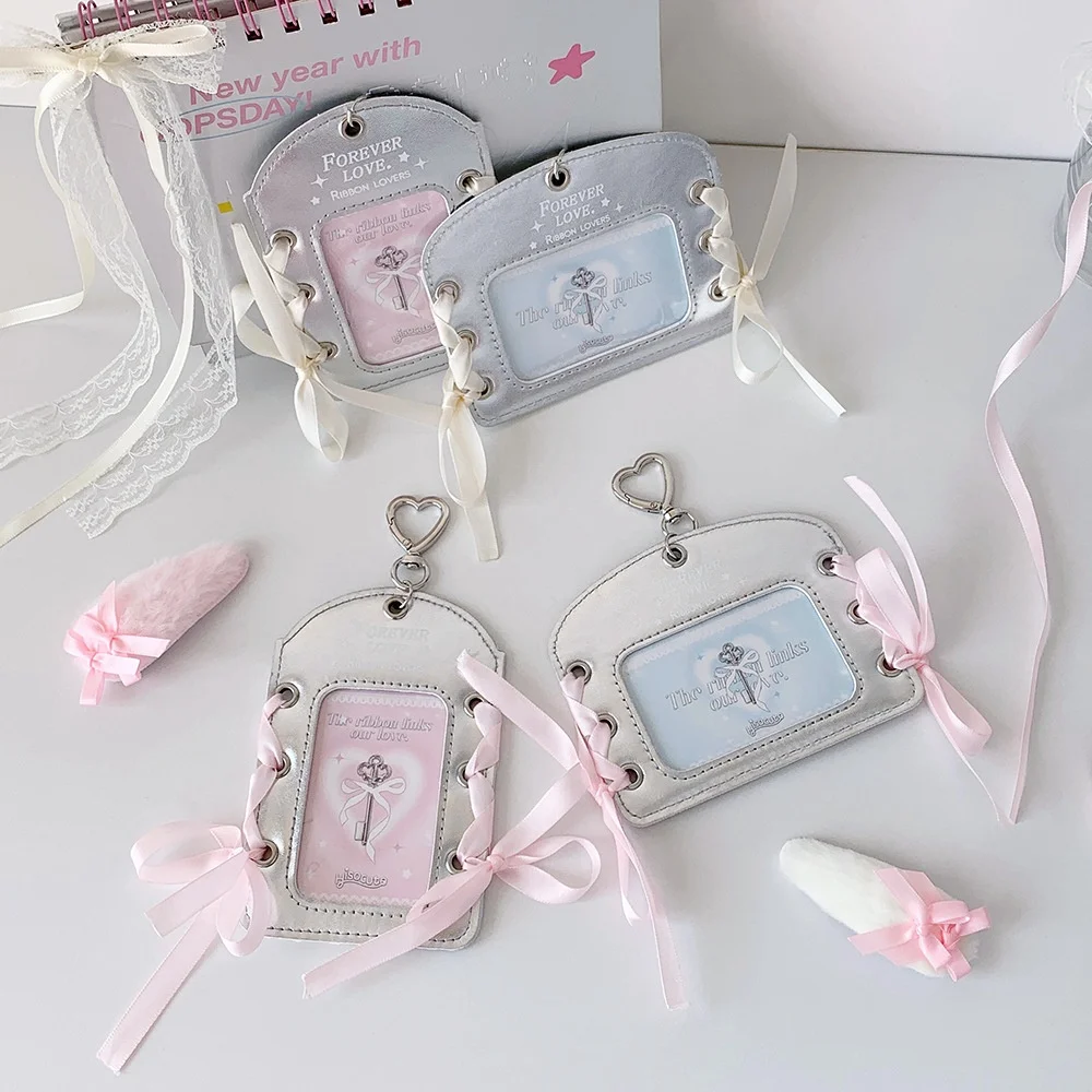 Ballet Ribbon Card Holder - Silver Leather PU, Dual Color Ribbons, Korean Style, Vertical & Horizontal Styles for K-pop Fans